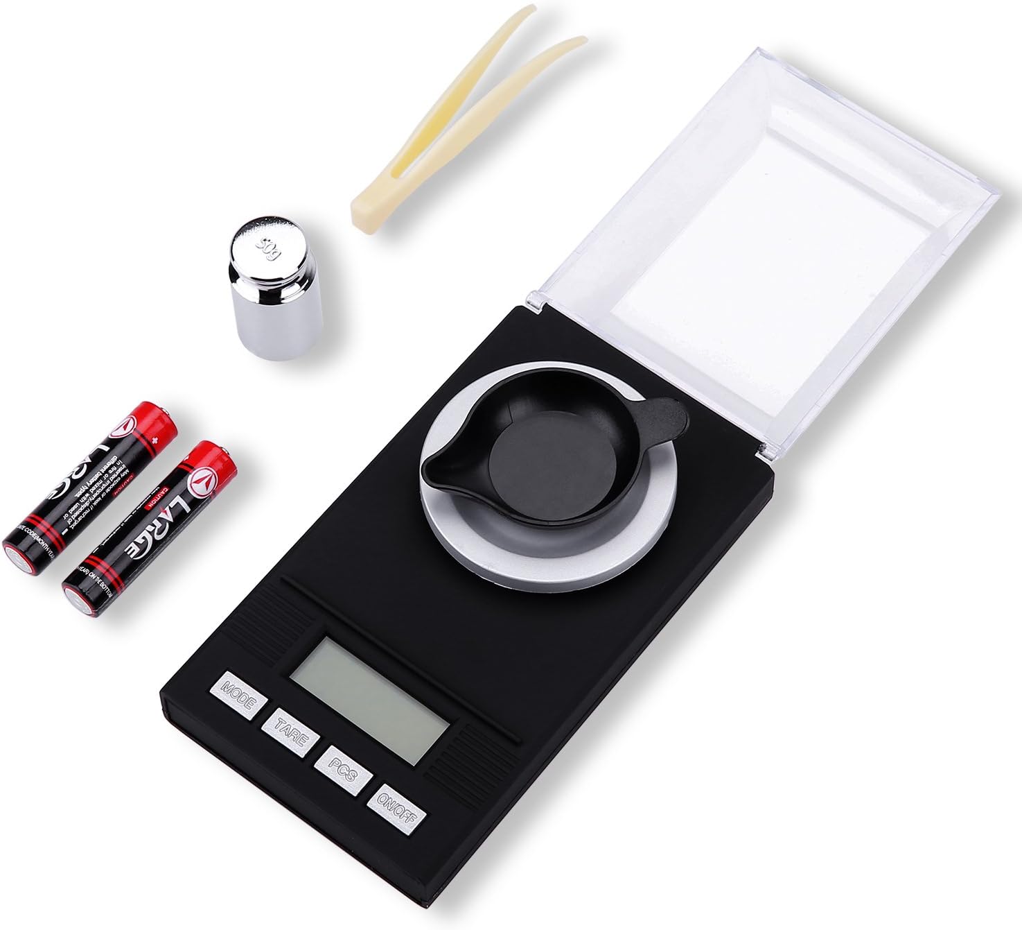 Pocket Digital Milligram Scale 50g x 0.001g, High Precison Mini Carat Jewelry Lab Powder MG Scale with Calibration Weights, Tweezers, Weighing Pan