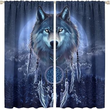 Cool Wildlife Wolf Blackout Curtains for Bedroom - Fantasy Galaxy Misty Forest Wolf Dream Catcher Window Treatment,Rod Pocket Room Darkening Curtains 2 Panels 45L x 21W