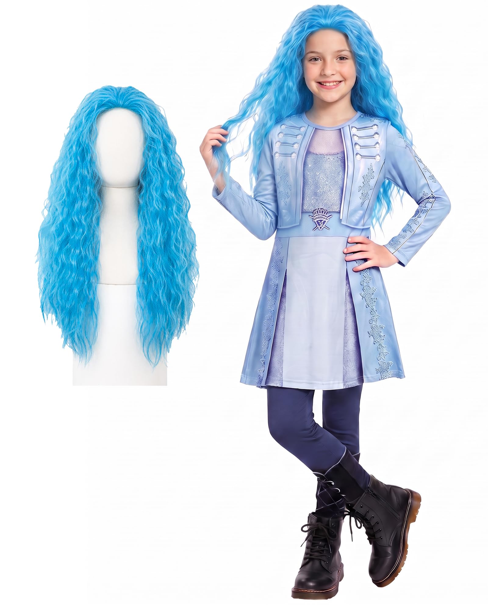 Girls Wonderland Costume with Wig Princess Blue Dress for Kids 5-12 Years