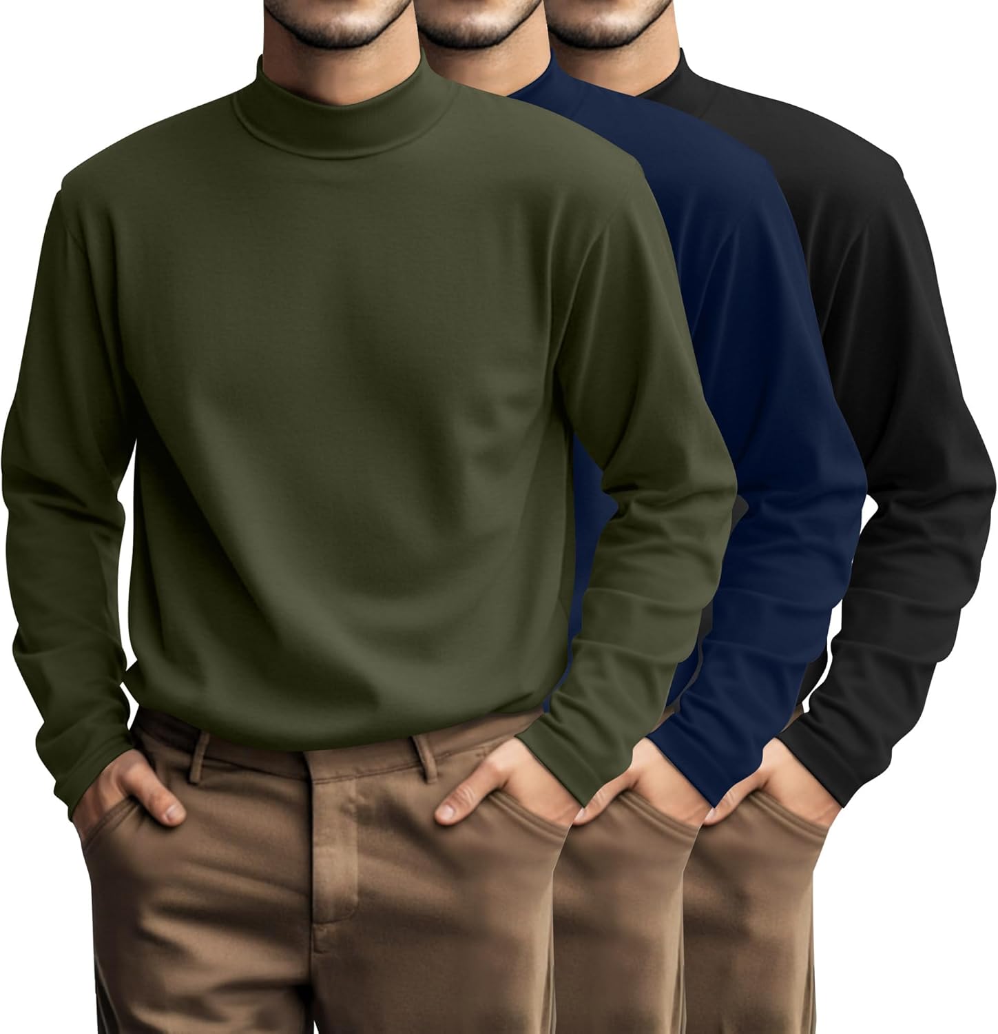 Riyiper 3 Pcs Plus Size Men's Mock Turtleneck Shirt Long Sleeve Turtleneck Pullover Casual Undershirt Basic Base Layer
