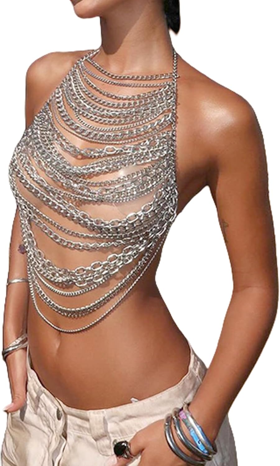 Women's Silver Metal Chain Top Asymmetrical Hem Backless Halter Crop Tops Punk Sexy Open Back Party Rave Outfits - Image 2