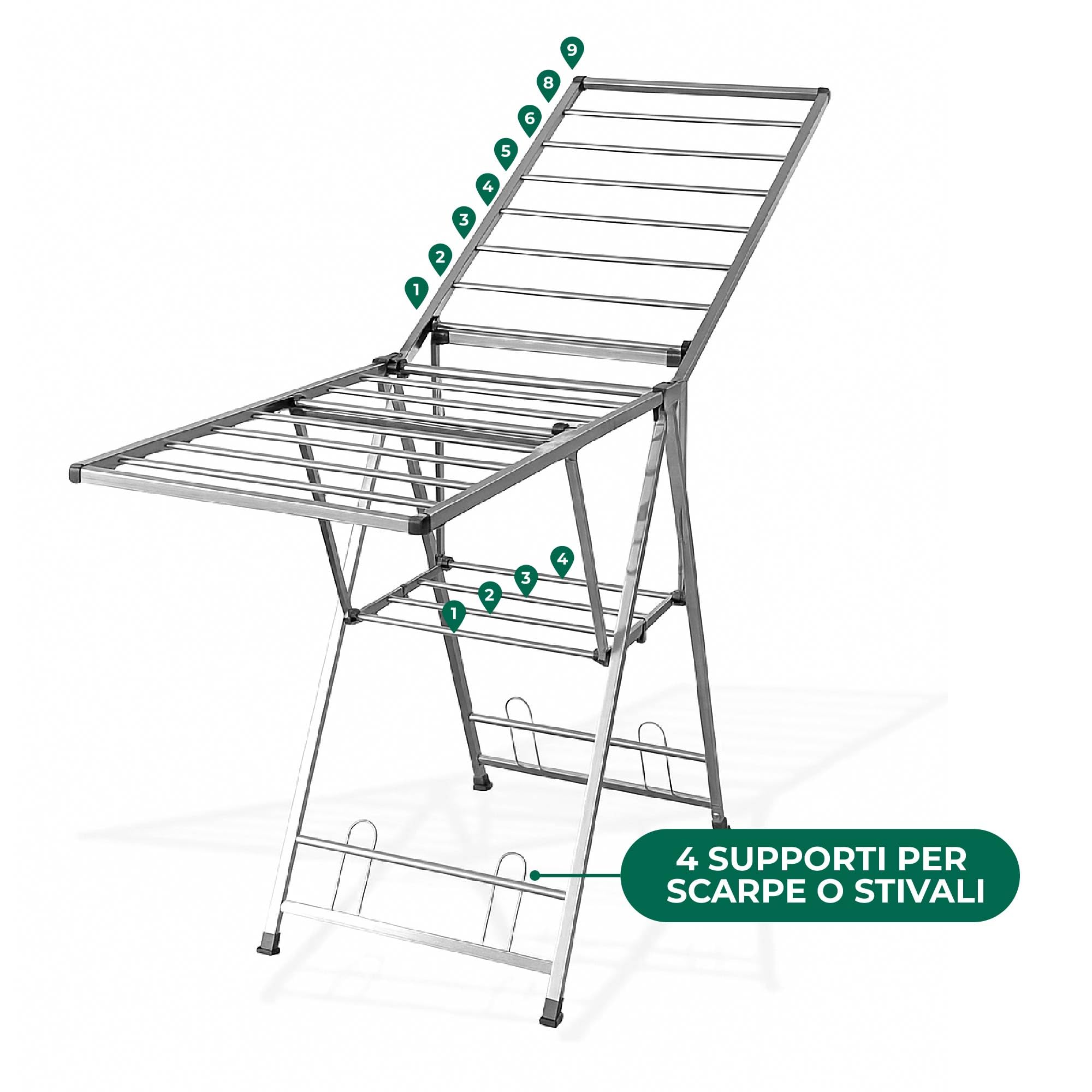 IlGruppone Stendibiancheria in Acciaio Inox 180 Cm Pieghevole Stendino Robusto Griglia Antipiega Portatile per Uso Interno Esterno Piedini Antiscivolo