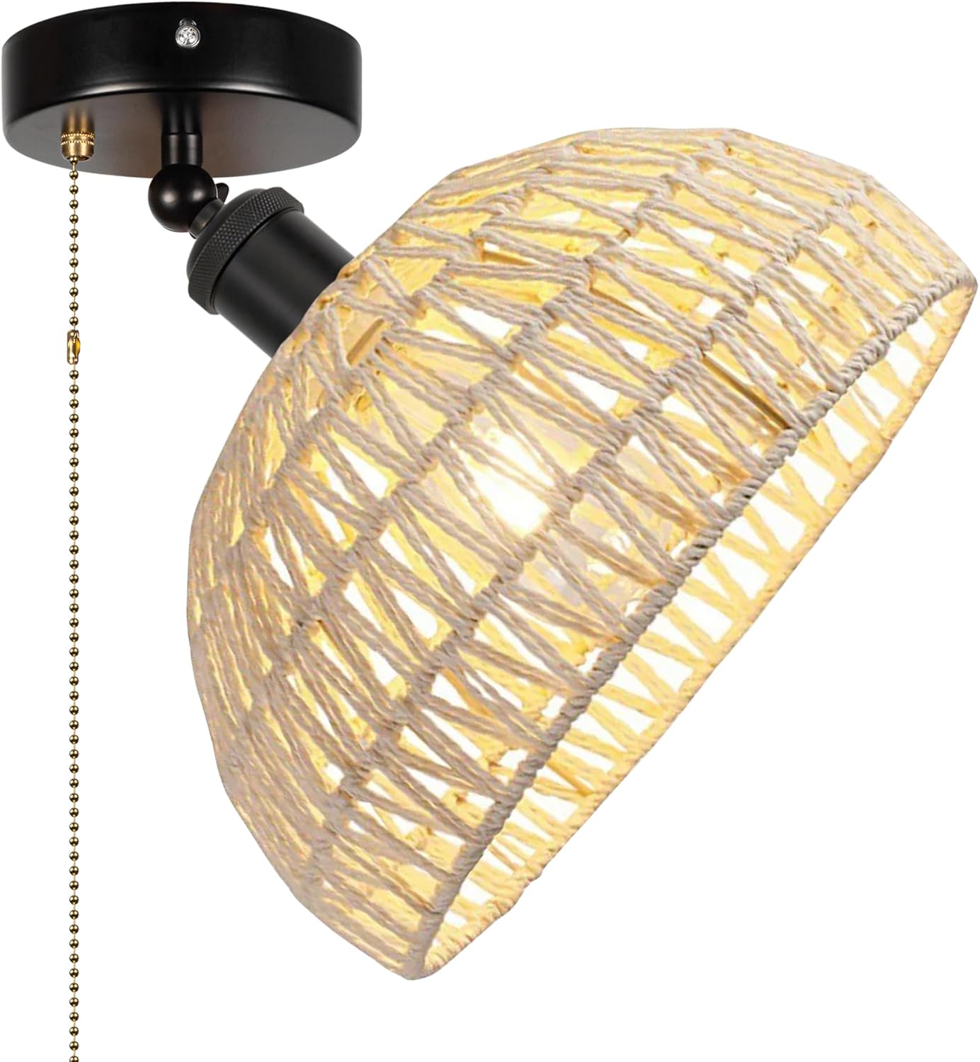 Gimbaled Wall Light, Zipper Switch 12V RV Woven Natural Boho Rattan Dome Shape Hollow-Carved White, Replaceable 2700K Bulb Included Semi Flush Mount Interior Lighting Decorative for Camper