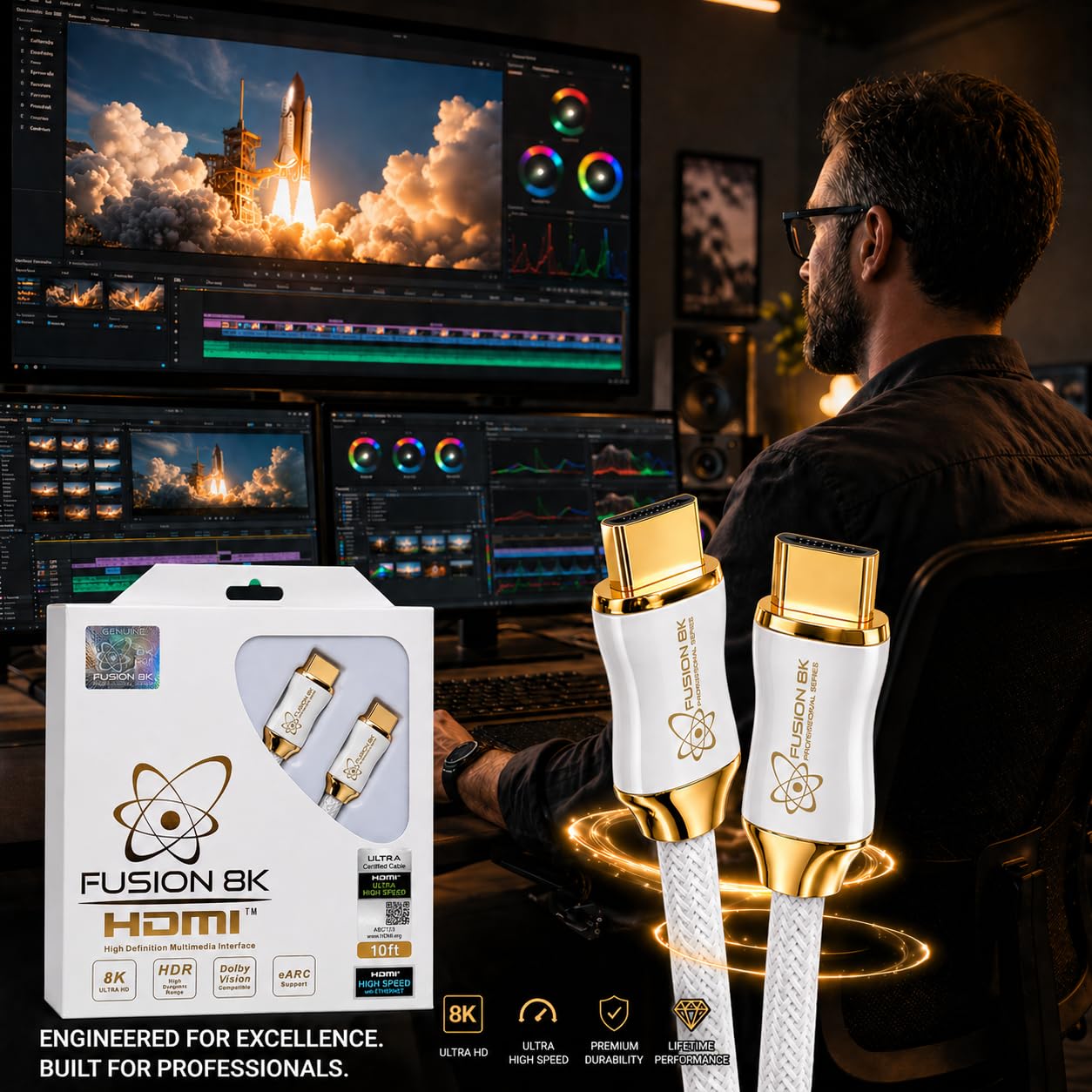 Fusion8K Cavo HDMI 2.1 bianco, 3 m, certificato 48 Gbps, 8K a 60 Hz, 4K a 120 Hz, 10 K, HDR Dolby Vision eARC, cavo intrecciato per PS5, Xbox Series X, Apple TV 4K