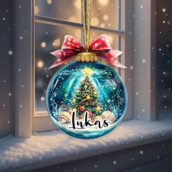 Custom 2D Bauble Shaped Flat Acrylic Xmas Ornament, Ocean-Inspired Hanging Decoration, Personalized Name Underwater Themed Ornament, Christmas Tree Decor, Gifts for Men, Women