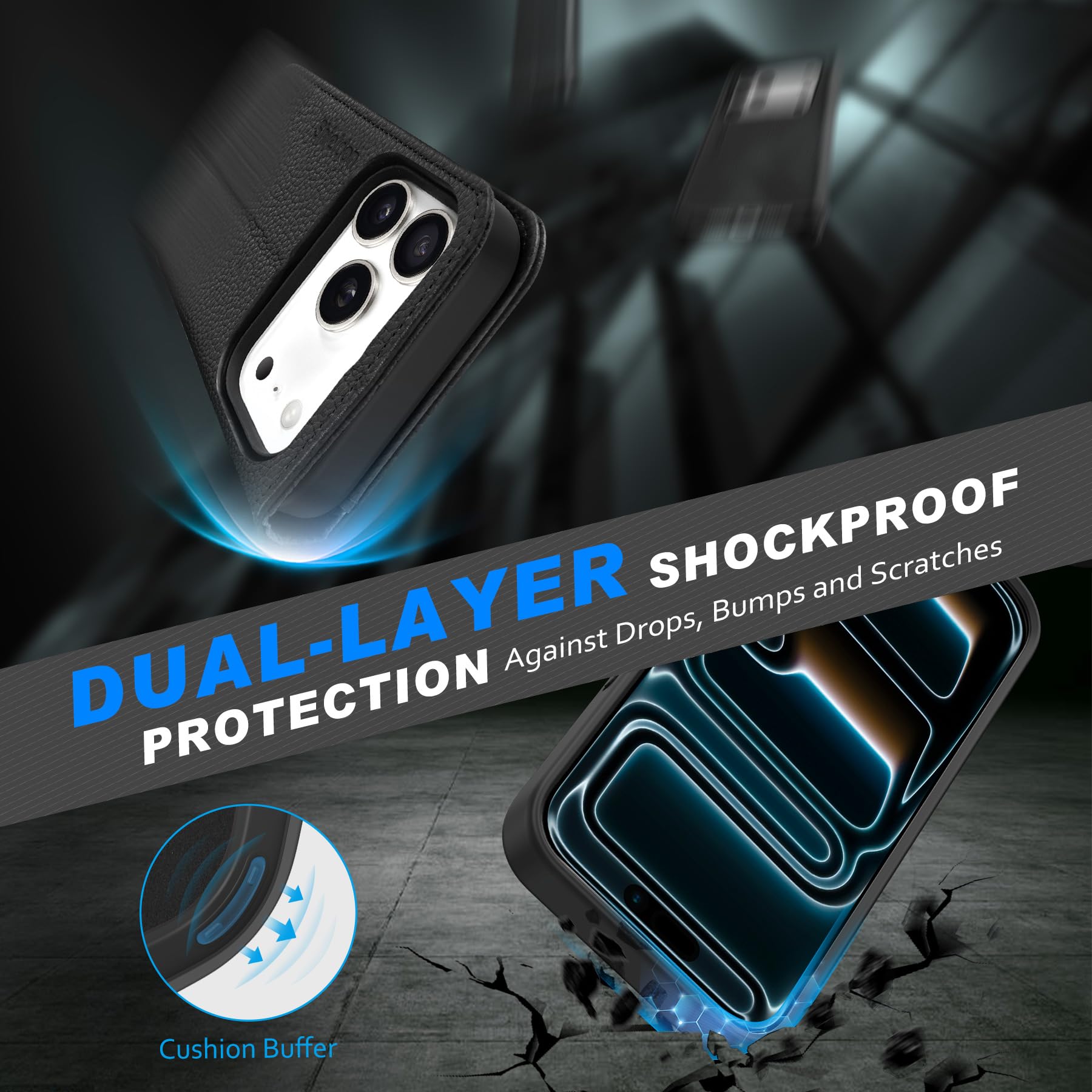 SHIELDON Funda Cuero Genuino para iPhone 17 Pro 6,3 Pulgadas 5G 2025, Funda 2 en 1 Estuche Magnético con Tarjetero [Bloqueo RFID][Función Stand] Capa, Litchi Grano Negro