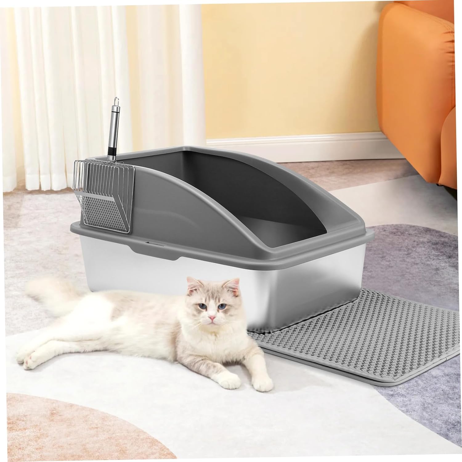 Mipcase 1Set High Wall Cat Litter Box Jumbo Stainless Steel Design for Indoor Cats Easy to with Included Scoop Reduces Mess and Scatter for Large Cats