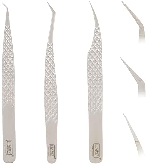 HADIZ Eyelash Extension Tweezers, Curved Tip Stainless Steel Volume Lash Tweezers, Curved Angled L Tip Isolation Lashing 45 Degree Tweezers Tools (pack of 3, silver)