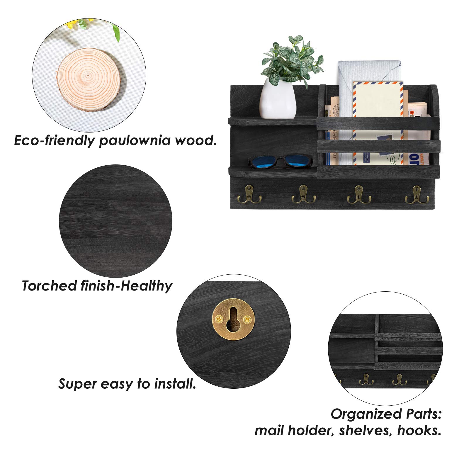 Wall Mounted Mail Holder Floating Shelves with Hooks, Wood Wall