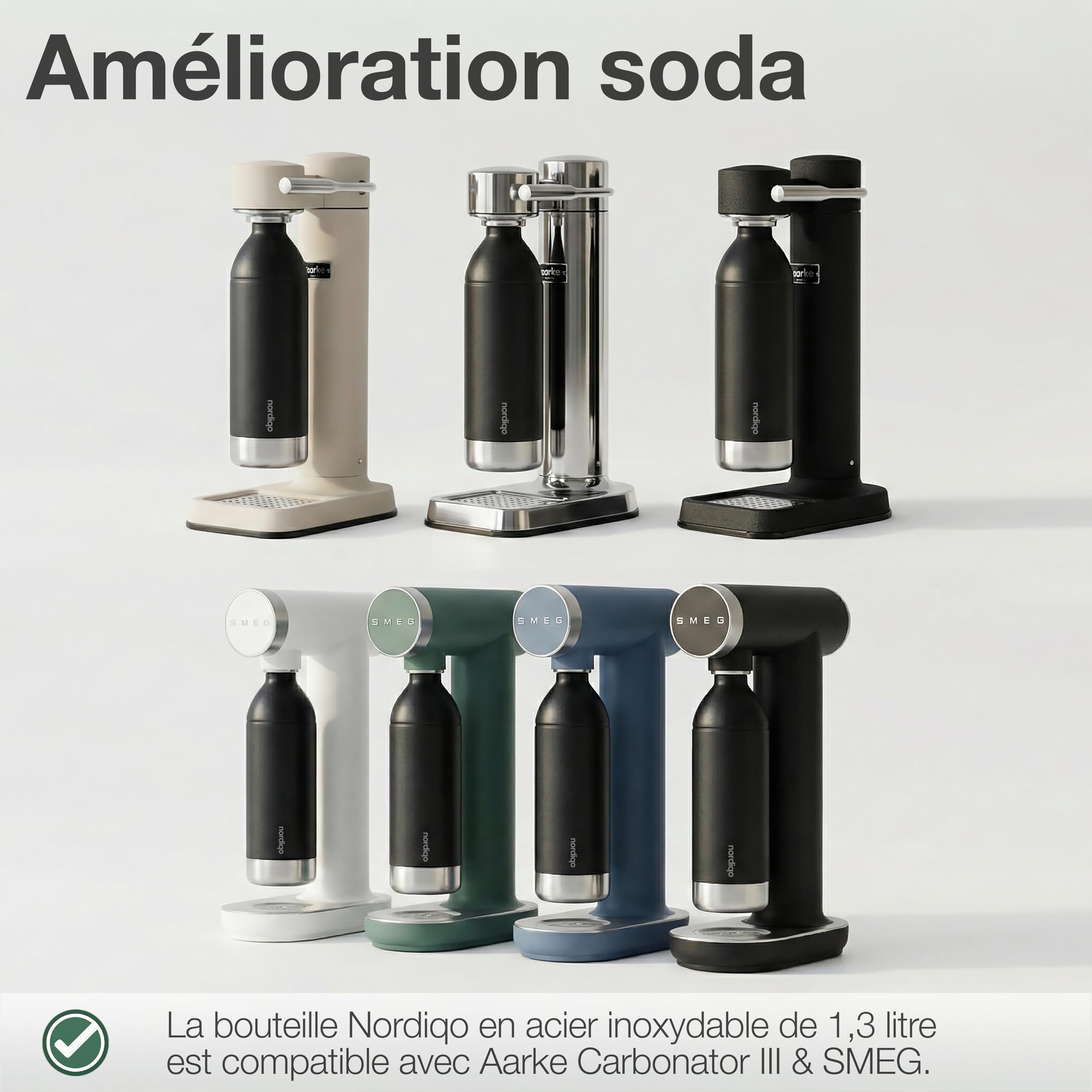 1300ml Bouteille en Acier Inoxydable pour Aarke Carbonator 3 & SMEG (Non Pro) - Étanche, Sans Plastique - Sans Date Limite, Lignes de Remplissage Intérieur & Extérieur - 2 x Noir Mat