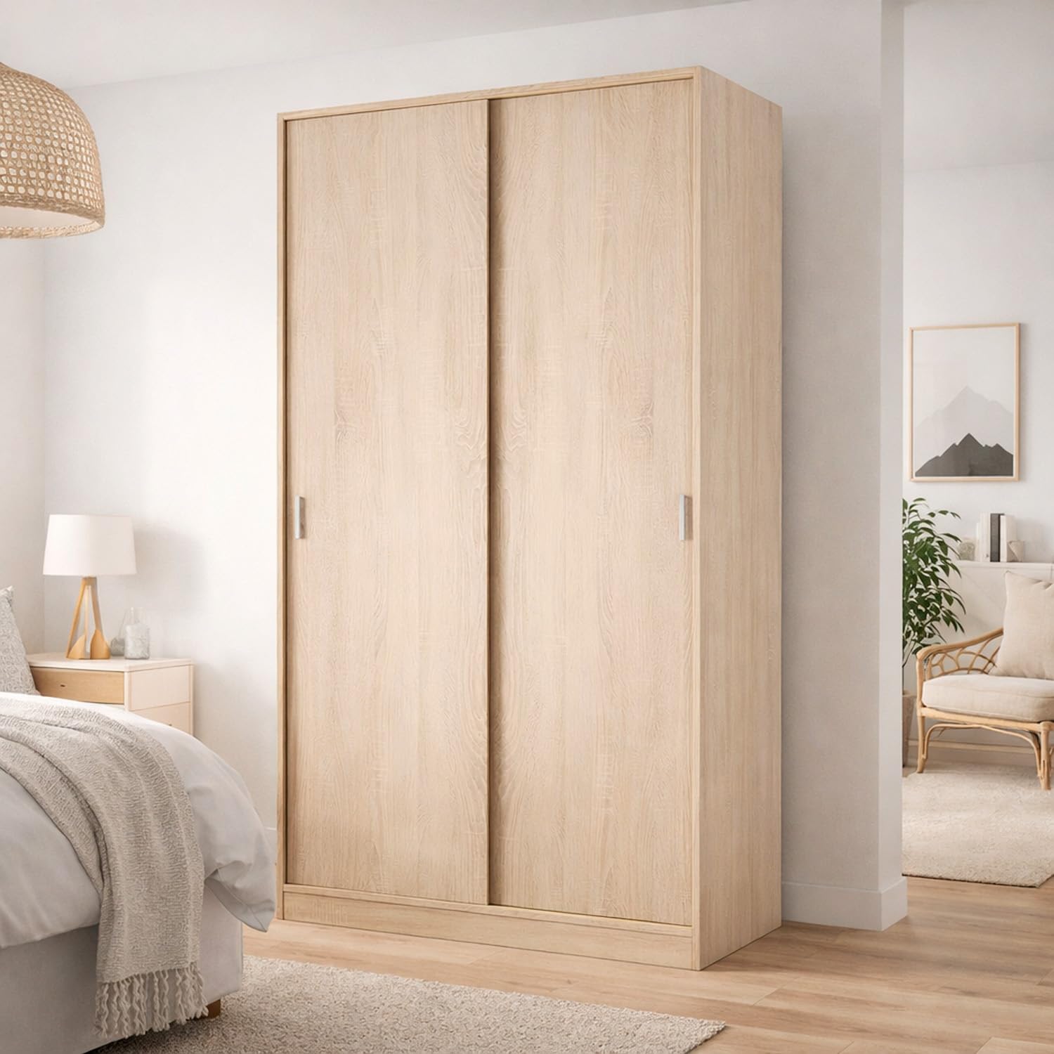 Bricozone Armadio 2 Ante Scorrevoli Con Appendiabiti E Ripiano Superiore Salvaspazio Design Moderno In Rovere Per Camera Da Letto E Cameretta Mobile Contenitore 200 x 100 x 50 Cm