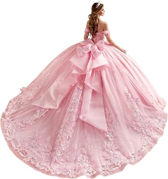 Glitter Tulle Quinceanera Dresses 3D Flowers Ball Gown Lace Appliques Sweet 16 Dresses Off Shoulder 15 Dress with Bow