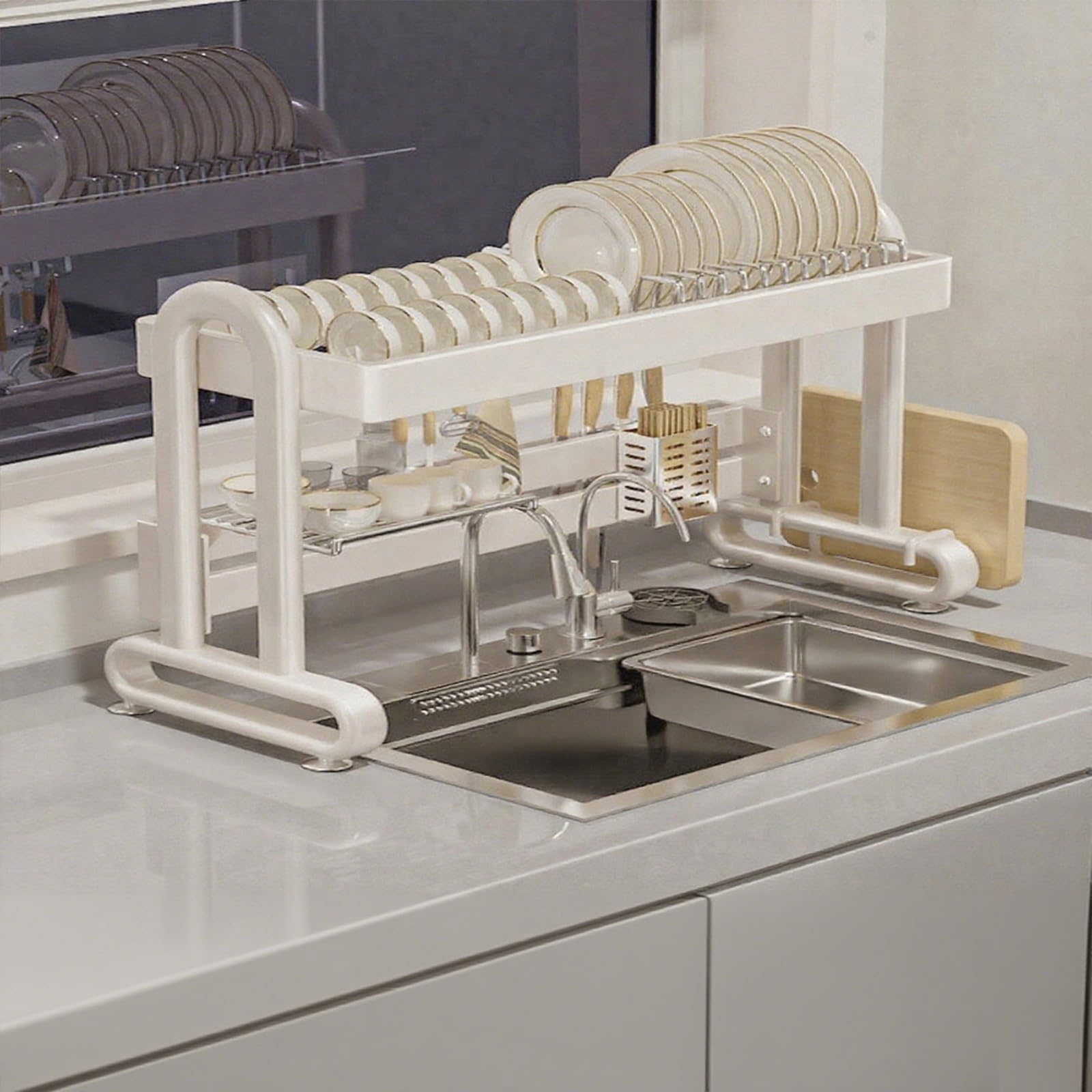 Escurreplatos grande sobre fregadero para organización de cocina, ideal para platos, vasos, cuencos y cubiertos, diseño de doble capa