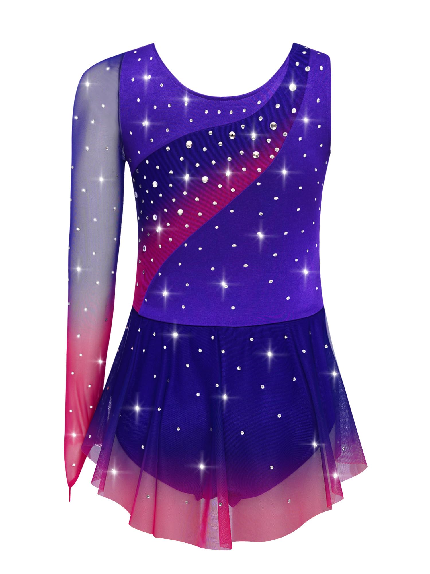Robe Patinage Artistique Asymétrique Une Epaule Strass Justaucorps Gymnastique Danse Enfant 5-16 Ans