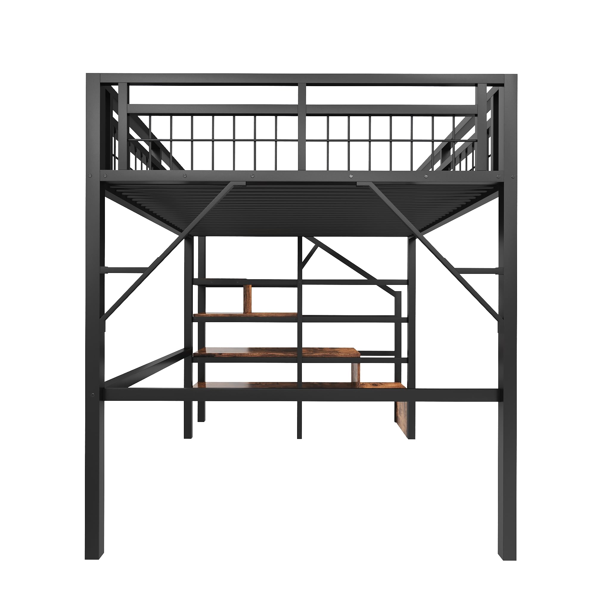 Letto a soppalco in metallo 140 x 200 cm, con luce LED, Letto matrimoniale a soppalco, spazio utilizzabile sotto il letto, scala di sicurezza con vano contenitore, Nero (materasso non incluso)