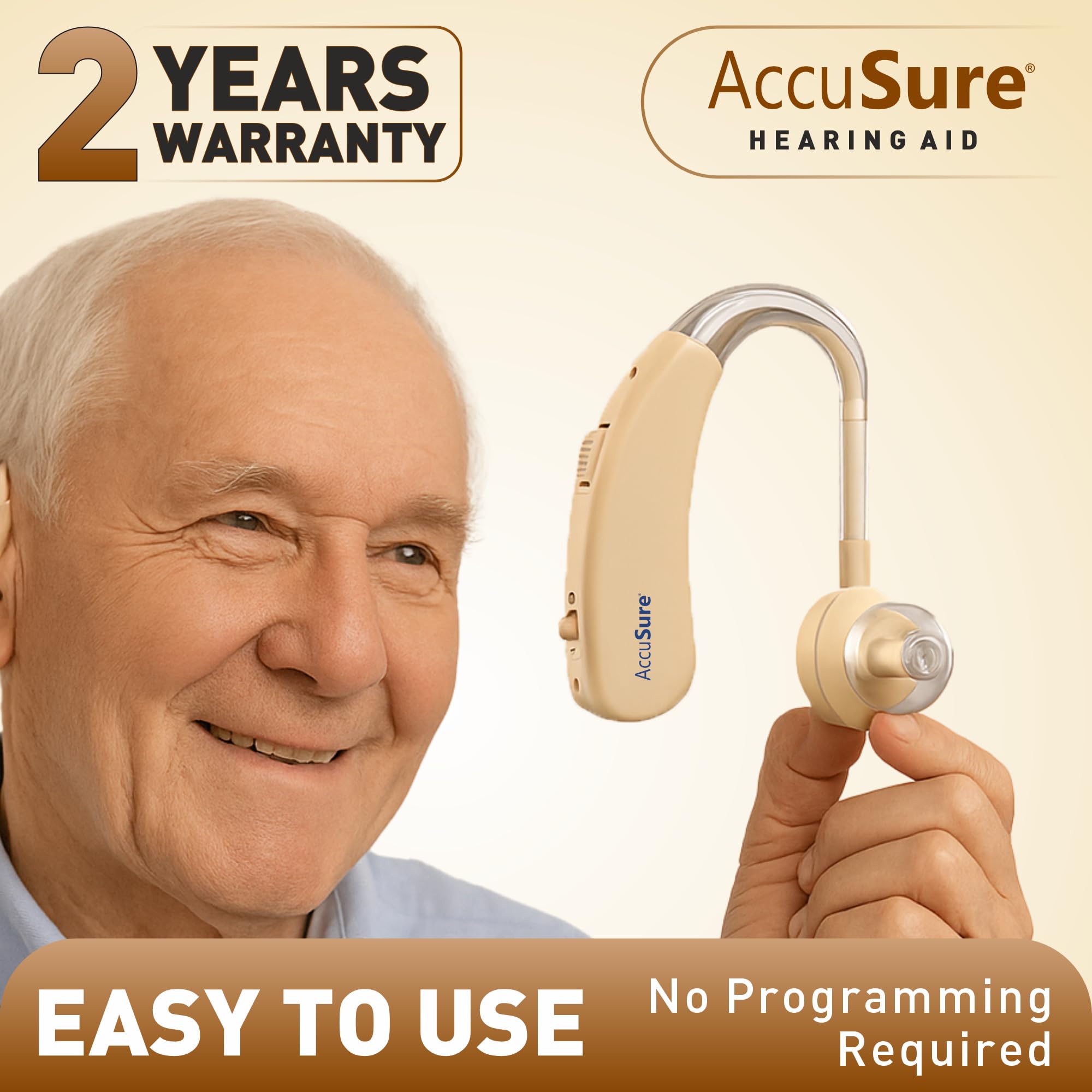 AccuSure Digital Hearing Aid Amplifier for Adults & Seniors – Rechargeable, Volume Control, Small & Lightweight Sound Enhancer (Beige) 3