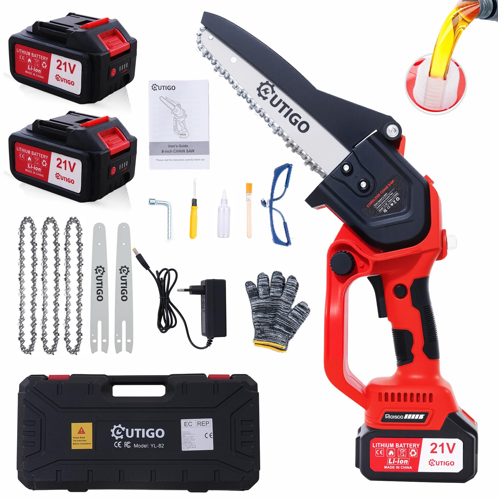 OUTIGO Akku Kettensäge 8 Zoll, Bürstenloser Motor 800W, 2x 4000mAh Lithium-Ionen Akku, Handkettensäge für Baum- und Astschnitt, Gartensäge für Holzarbeiten (mit Ladegerät)