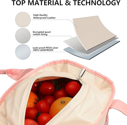 Miniatura 3 de Bolsa de almuerzo para mujer, bolsa de almuerzo con aislamiento de cuero de gran capacidad, reutilizable, bolsa de almuerzo con bolsillo lateral