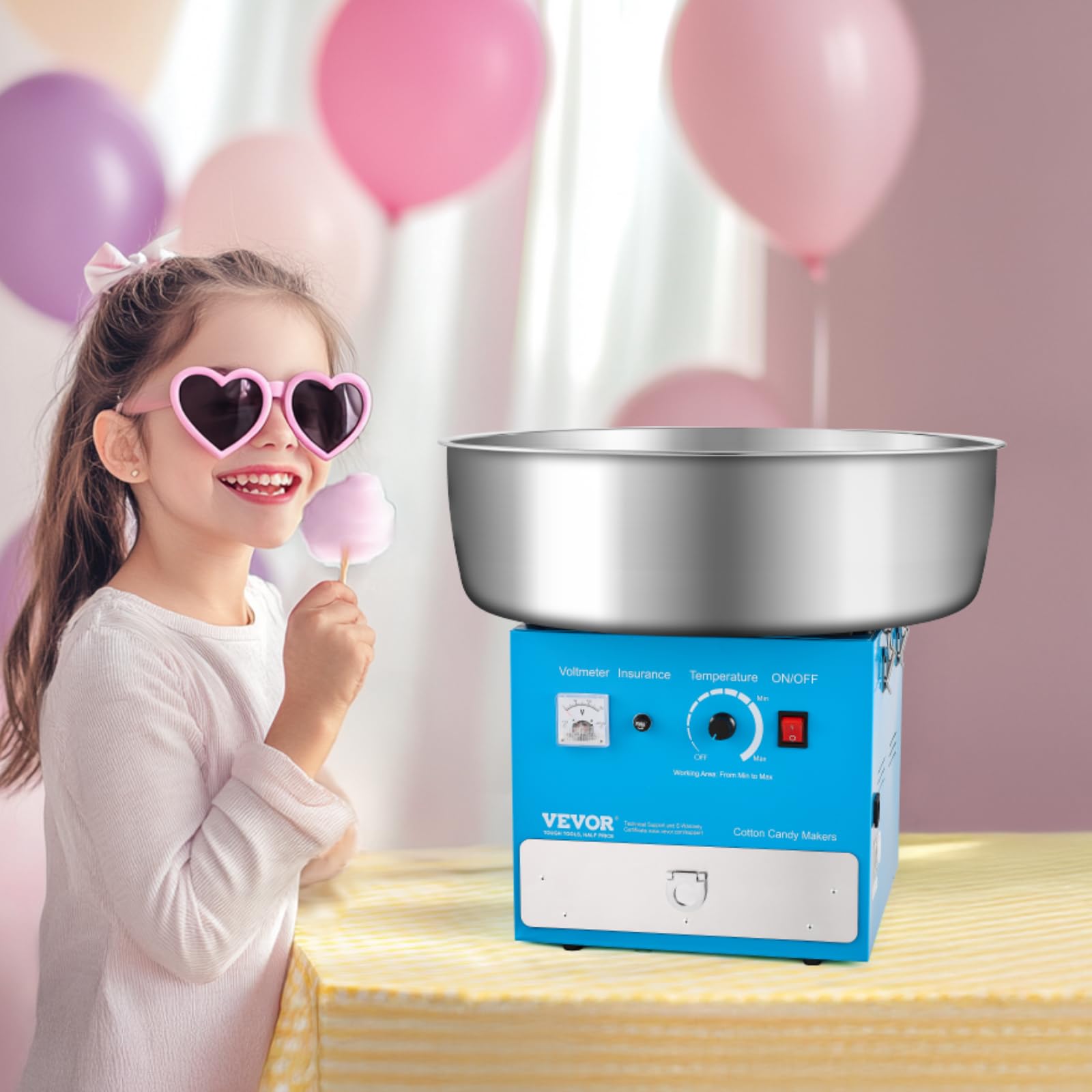 VEVOR Máquina Eléctrica para Hacer Algodón de Azúcar, 1000 W, con Recipiente Acero Inoxidable de 52 cm, Cuchara para Azúcar y Cajón, para Cumpleaños y Fiestas Familiares, Azul, 520 x 520 x 447 mm