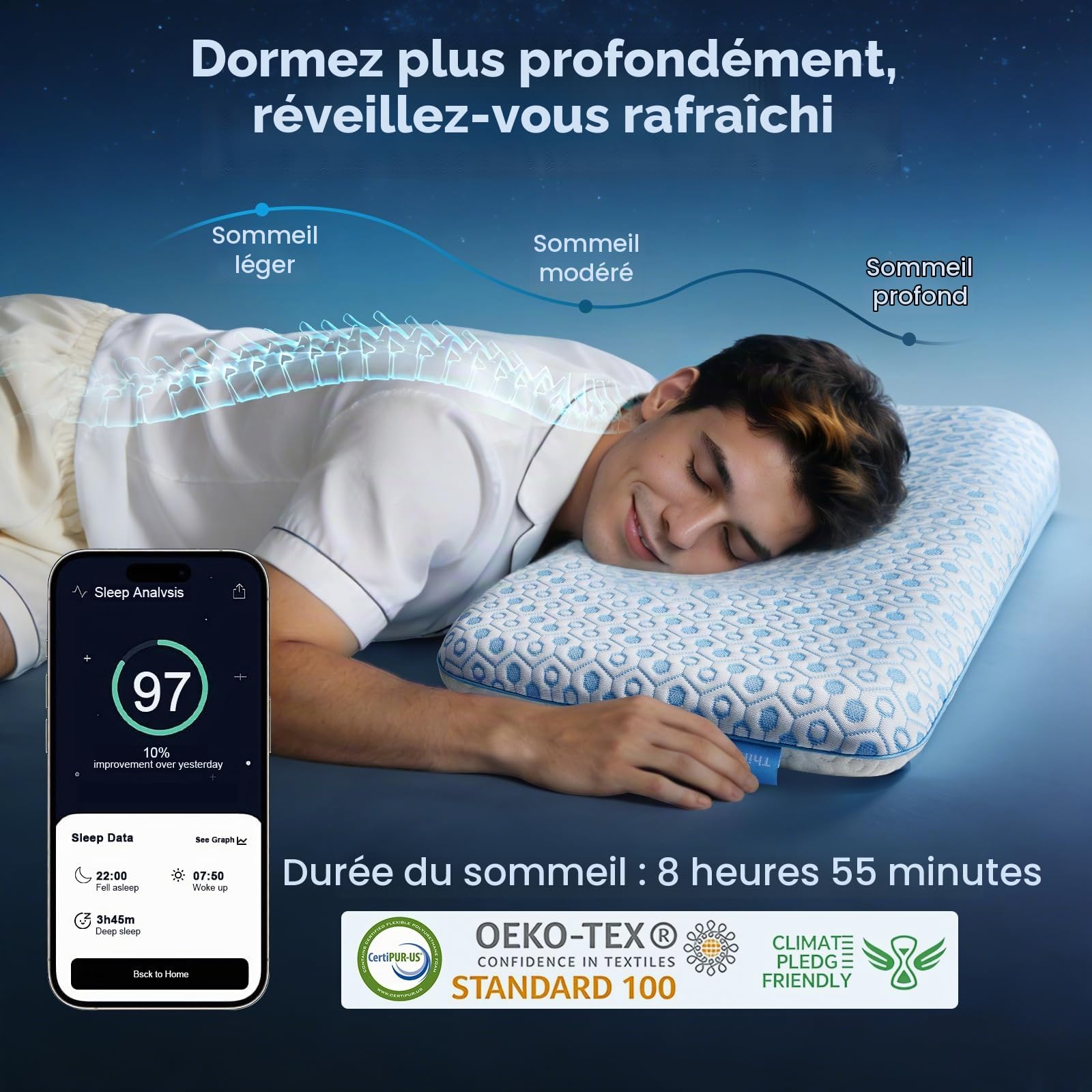 Niceeday Oreiller en mousse à mémoire de forme ultra fin de 5,7 cm avec gel rafraîchissant, coussin plat respirant pour dormir sur le ventre et le dos, housse lavable