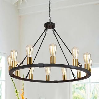 31.5" 12 Light Wagon Wheel Chandelier, Black and Gold Farmhouse Chandelier