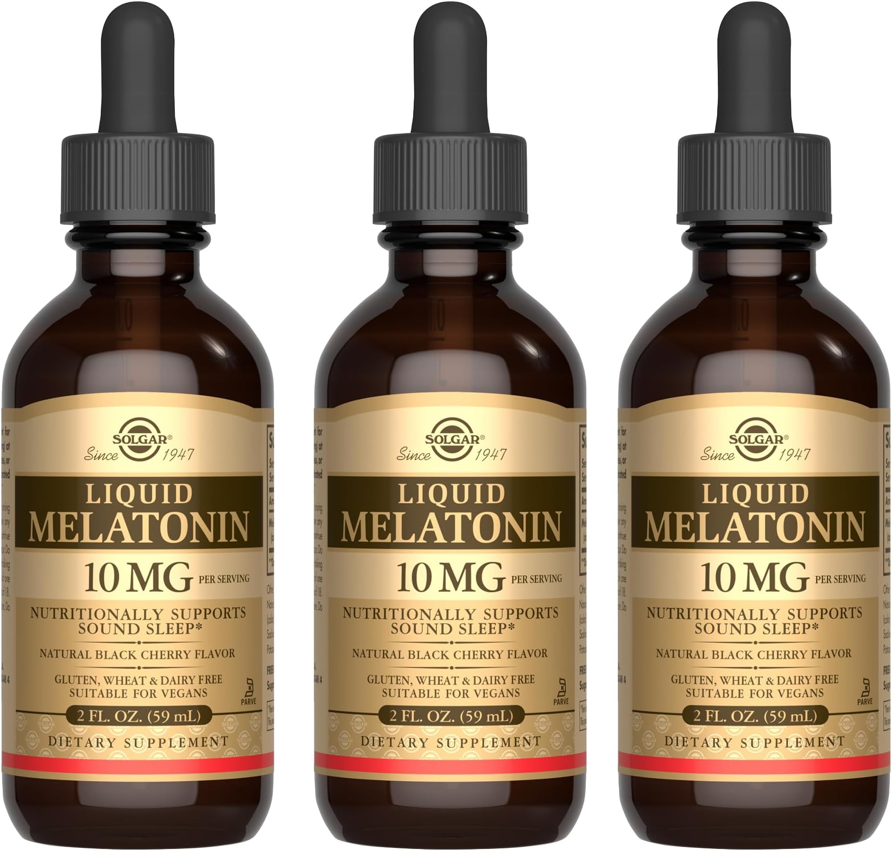 Solgar Liquid Melatonin 10 mg, Natural Black Cherry Flavor - 2 fl oz, Pack of 3 - Great for Jet Lag - Vegan, Gluten Free - 177 Total Servings