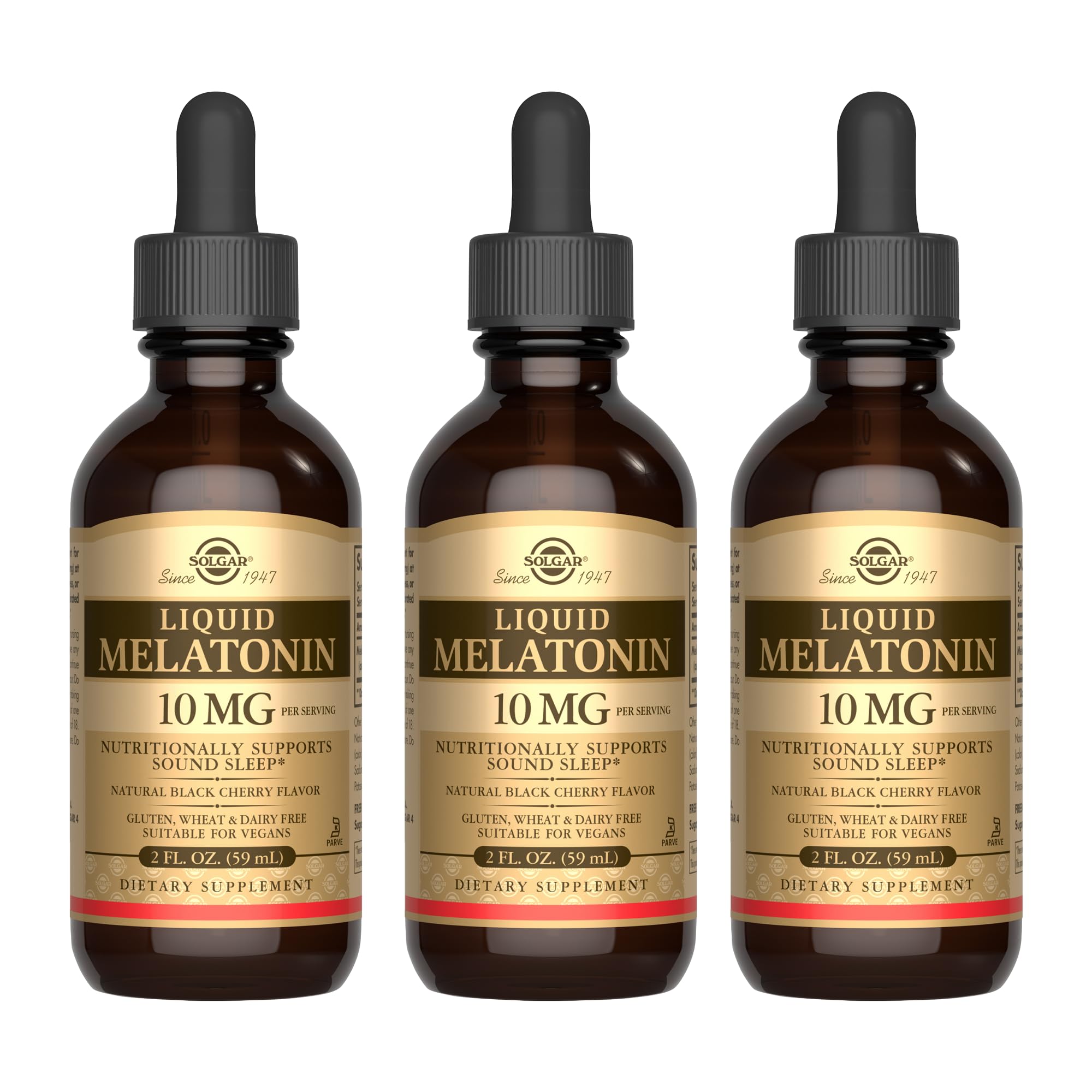 Solgar Liquid Melatonin 10 mg, Natural Black Cherry Flavor - 2 fl oz, Pack of 3 - Great for Jet Lag - Vegan, Gluten Free - 177 Total Servings