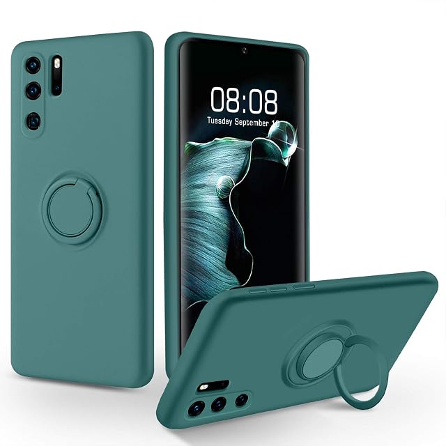 SouliGo Huawei P30 Pro Case Silicone Soft Gel Rubber 360° Ring Holder Kickstand for Magnetic Car Mount, Slim Anti-Scratch Protective Shockproof Phone Cover for Huawei P30 Pro 6.47" - Midnight Green