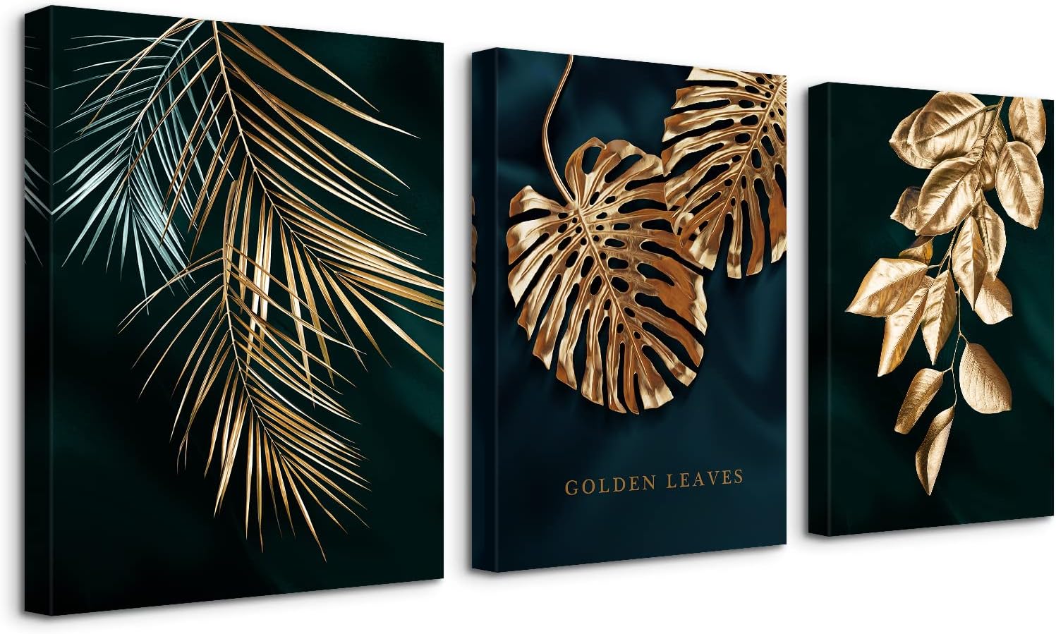 Canvas Wall Art Home Decor Framed Botanical Prints Gold Leaf Contemporary Wall Decor Set of 3 Plant Pictures for Living Room Bedroom Ready to Hang Artwork 12x16 Inch