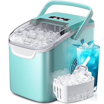 Portable Ice Maker Machine with Handle, 26lbs/24Hrs, 6Mins/9 Ice Cubes, Self-Cleaning with Basket/Scoop, Countertop Ice Makers for Home/Kitchen/OfficeGreen