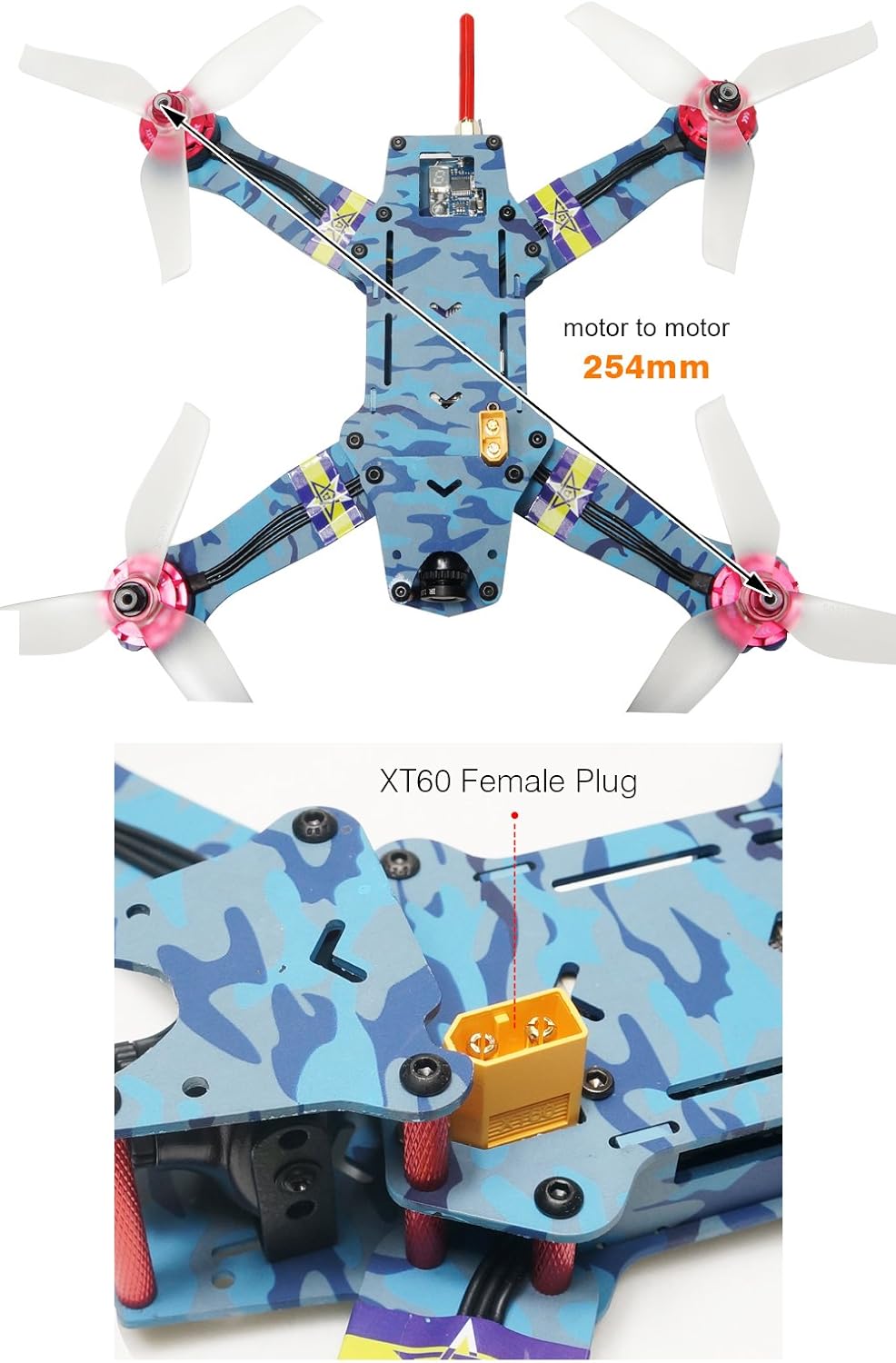 Top-down view of ARRIS C250 V2 showing 254mm motor-to-motor distance