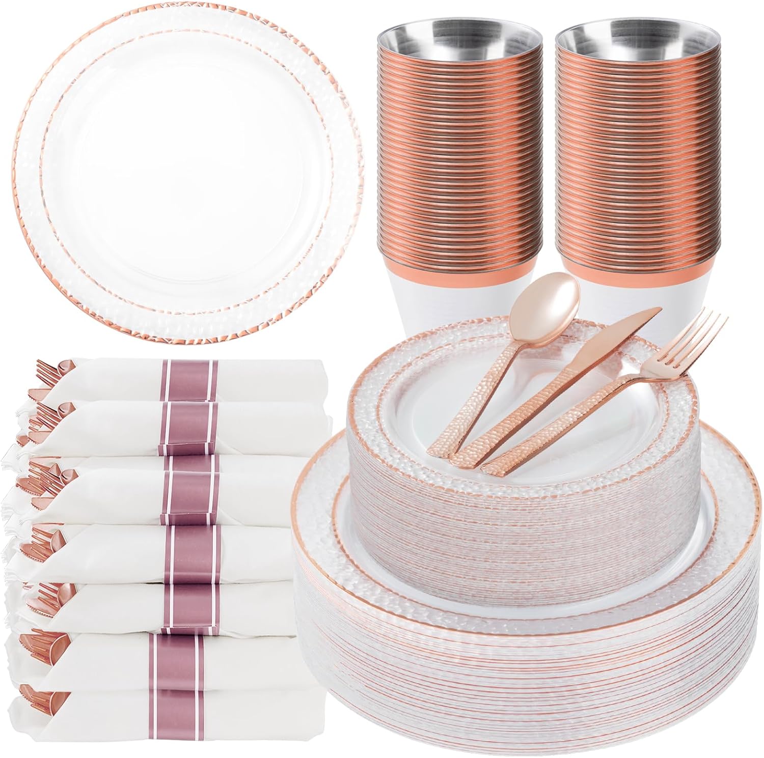 350PCS Clear Plastic Plates with Rose Gold Trim for 50 Guests, Disposable Dinnerware Set for Party, Wedding, Include 100 Plastic Plates, 50 Pre Rolled Napkins with Silverware, 50 Cups