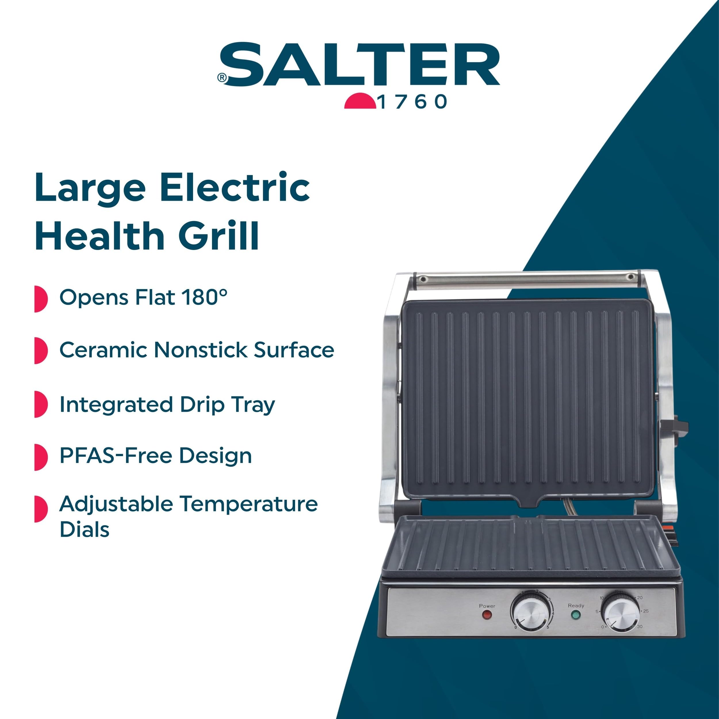 Salter Duży elektryczny grill zdrowotny – talerze ceramiczne otwierane na płasko dla dodatkowej przestrzeni, bez PFAS, toster do kanapek ze stali nierdzewnej i prasa do panini, taca na nadmiar oleju