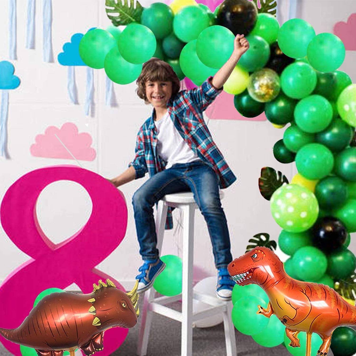 Dinosaur Theme Party Balloon Garland Kit, 155 Pack Round Latex Balloon with Dinosaur Foil Balloons, Palm Leaves and Happy Birthday Banner for Kids Boys Birthday Party Baby Shower Decorations