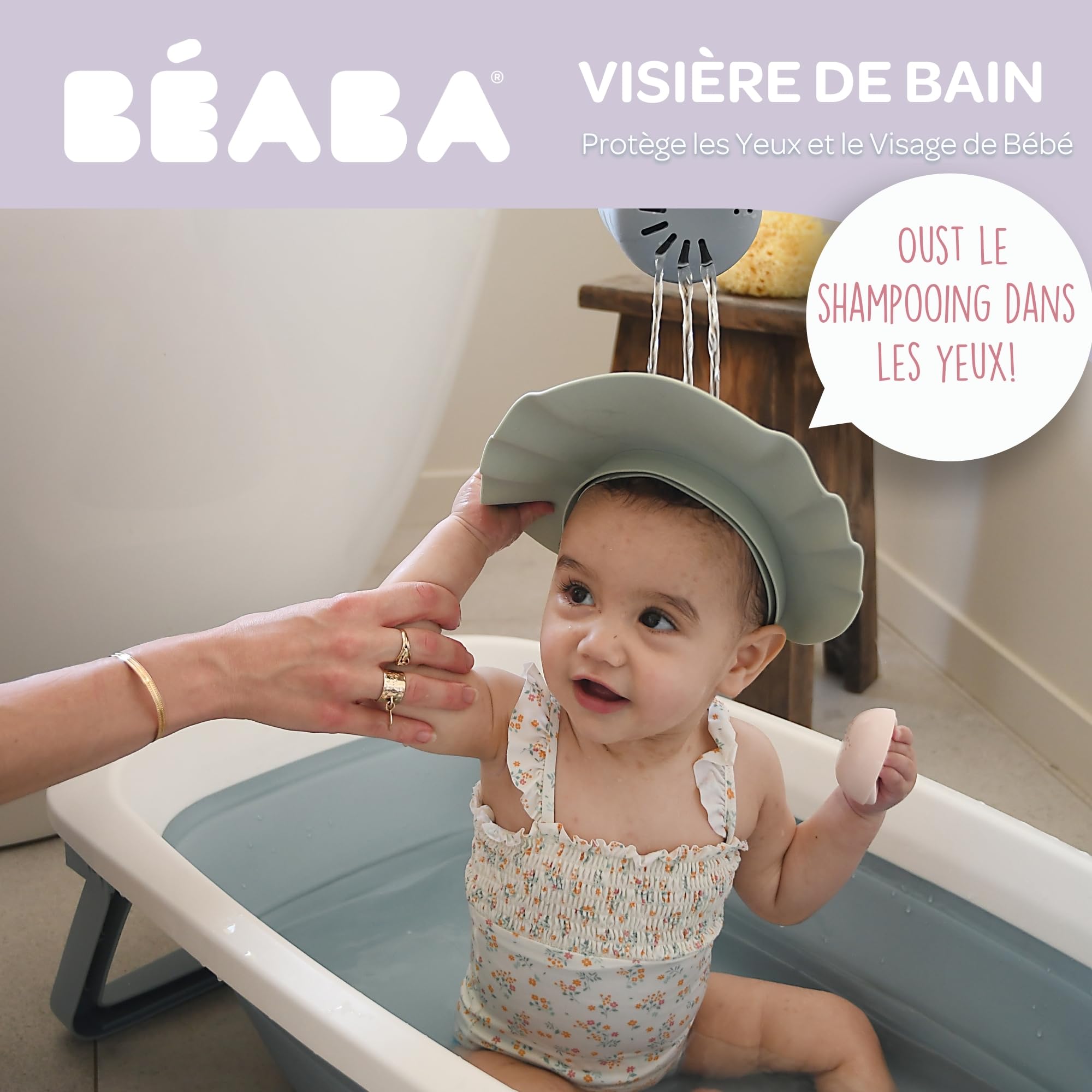 BÉABA, Baby Shower Cat, Bathing Cap, Adjustable Headband, 5 Positions, Eye and Ear Protection, Soft and Flexible Silicone, Grey Green - Image 2
