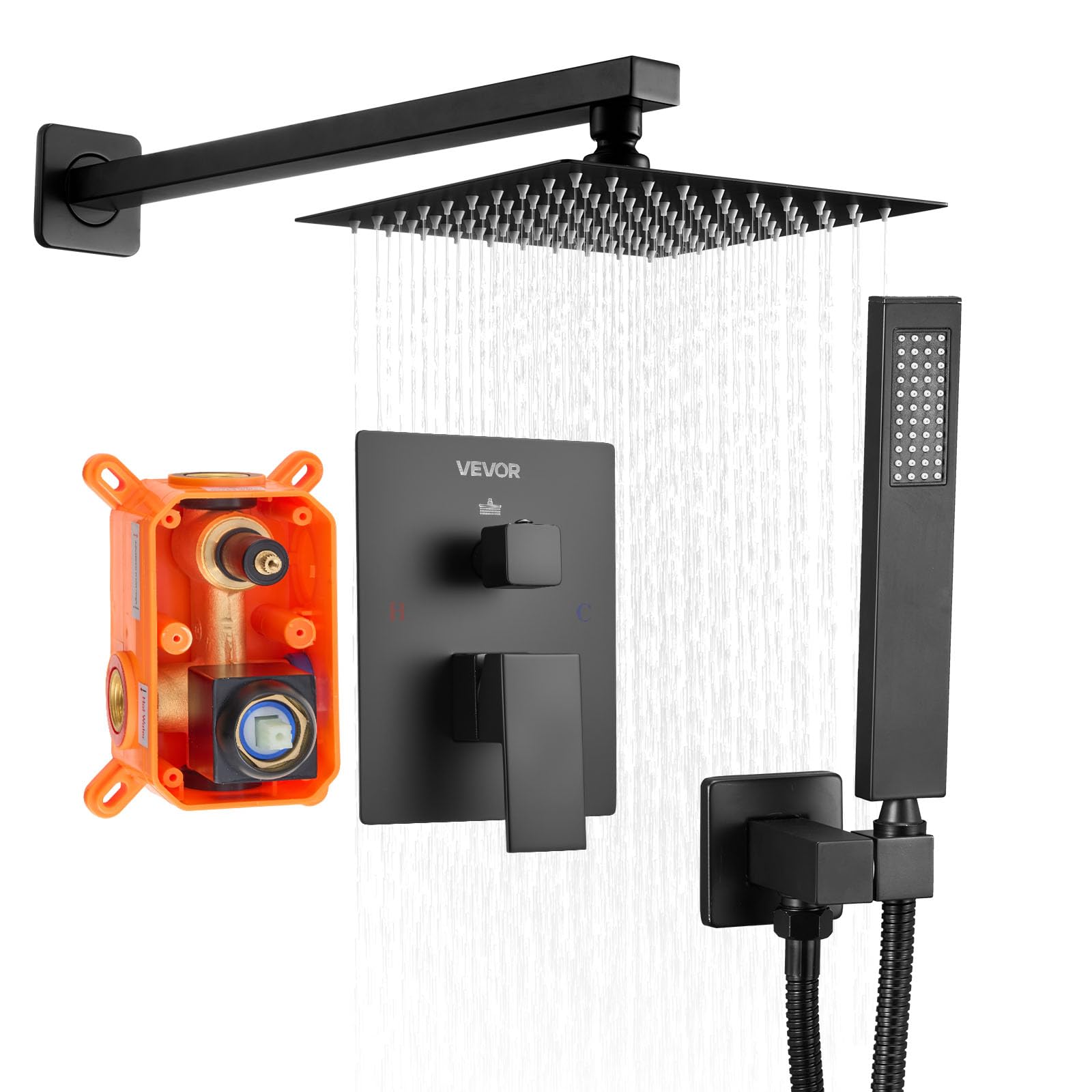 VEVOR Juego de Grifo de Ducha de Lluvia con Cabezal de Ducha cuadrado de 20,3 cm y Rociador de Mano, Grifería de Baño de Pared con Válvula de Latón y Kit de Embellecedor, 6,7 L/min, Negro Mate