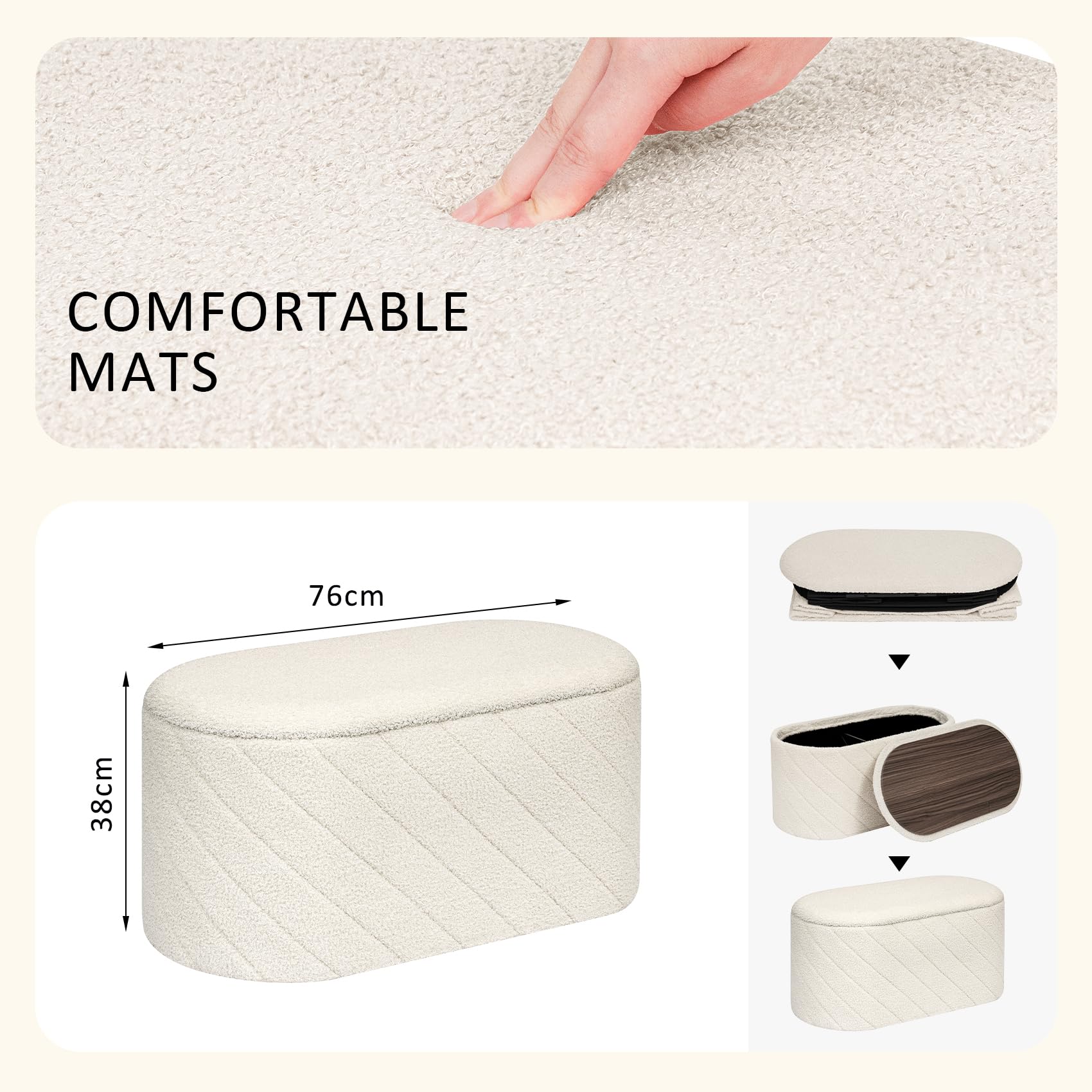 PINPLUS Sitzbank mit Stauraum, Ovale Polsterbank, Klappbarer Fußhocker, Bettbank aus Boucle Stoff, für Schlafzimmer, Wohnzimmer, Weiß, 76x38x38 cm