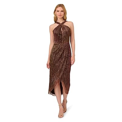Adrianna Papell Halter Crinkle Metallic Dress Women