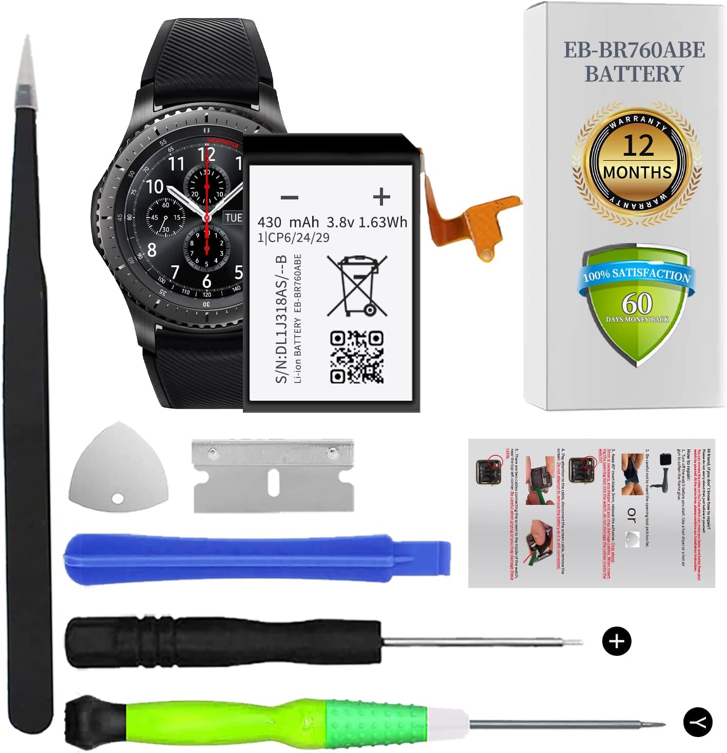 Replacement Battery for Samsung Gear S3 Frontier and Gear S3 Classic, (𝐒𝟑 𝐅𝐫𝐨𝐧𝐭𝐢𝐞𝐫/𝐒𝟑 𝐂𝐥𝐚𝐬𝐬𝐢𝐜) SM-R770, BR760, R765 EB-BR760ABE GH43-04699A Battery with DIY Repair Tools