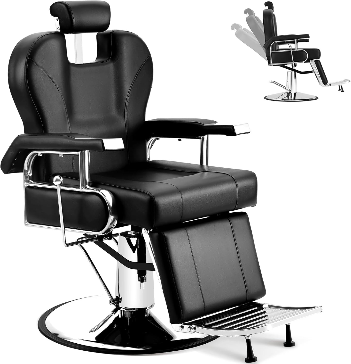 Vintage Barber Chair, Heavy Duty Reclining Hydraulic Salon Hair Chair, Multipurpose Stylist Beauty Spa Tattoo Styling Equipment with Headrest and Footrest, 360° Swivel Black Silver