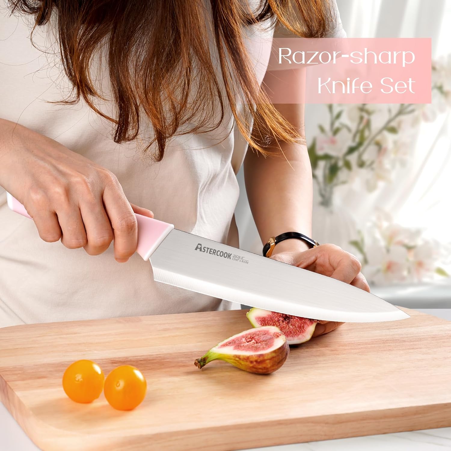 astercook knife set, kitchen knives set with block and sharpener ceramic coating 15 pcs german stainless steel knives sharp blade dishwasher safe deba knives with ergonomic handle, crystal pink