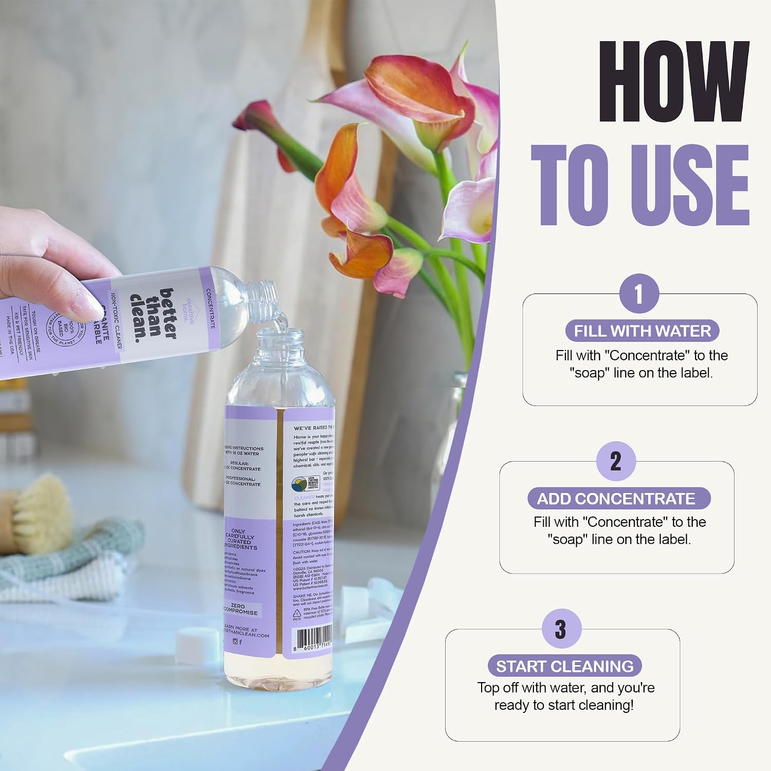 Marble & Granite Cleaner Concentrate - Plant-Based, Non-Toxic, Fragrance Free Cleaning Products - Slate, Marble, and Natural Stone Cleaner, – 8oz Makes 4 Bottles image 3