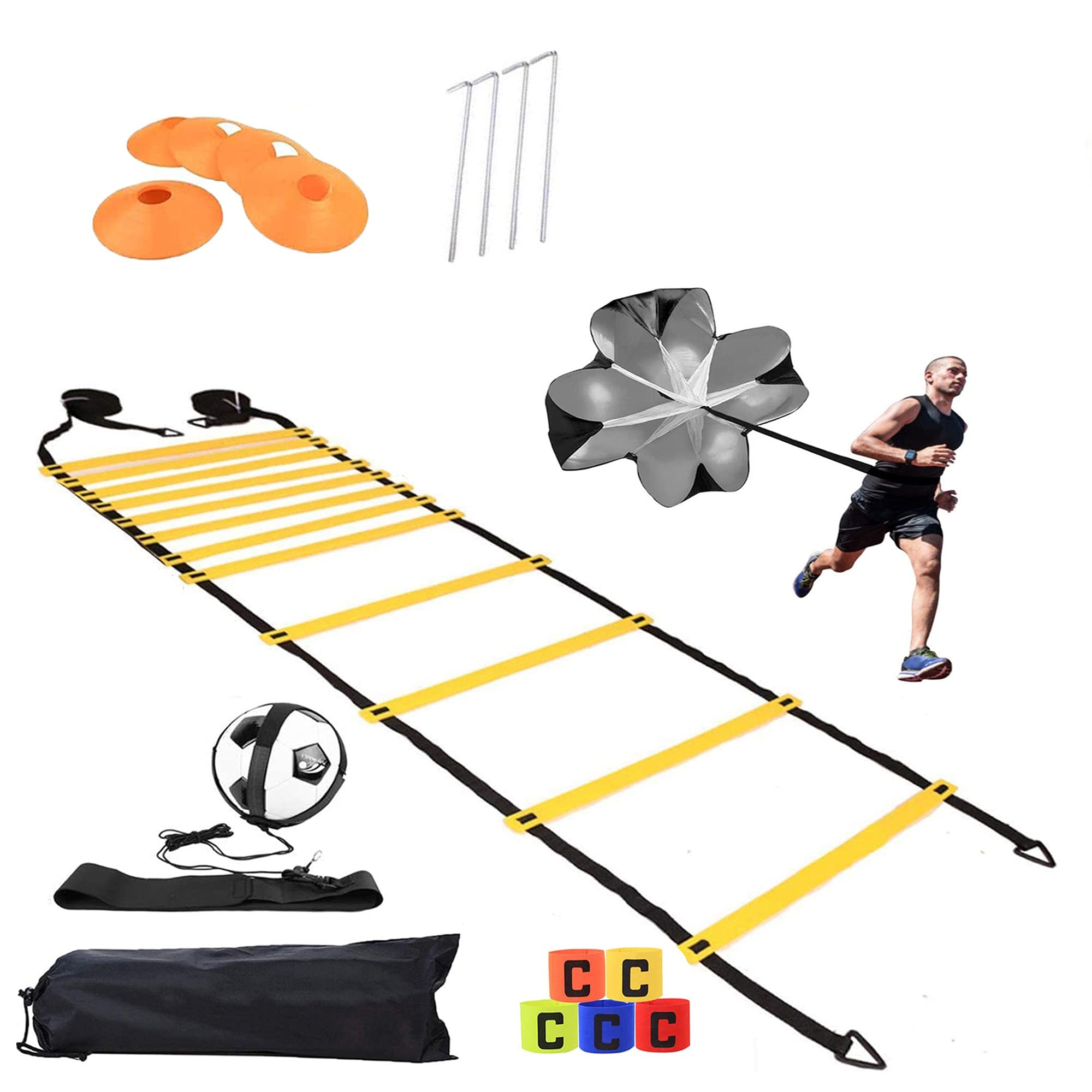Speed Agility Training Set - Exercise Equipment Includes Ladder, Running Parachute, 5 Speed Cones, 5 Loop Resistance Bands, 4 Steel Stakes, Training Belt and Carrying Bag for Increase Quick Footwork