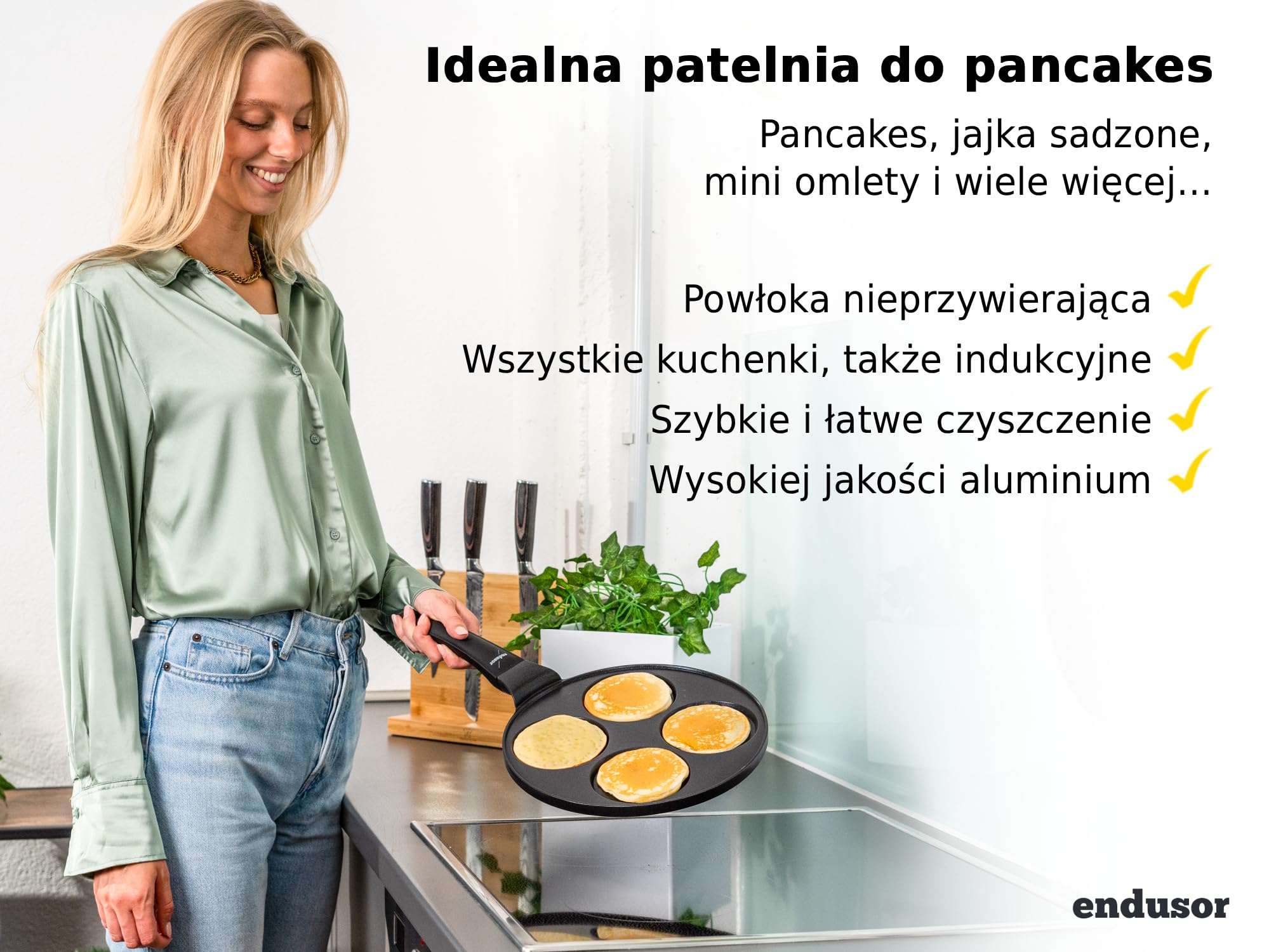 endusor Patelnia do Naleśników na Indukcję (Ø26cm) 4 foremki | Powłoka PowerShield, Gaz Ceramika Elektryczność, do jajek naleśników Poffertjes Blinis