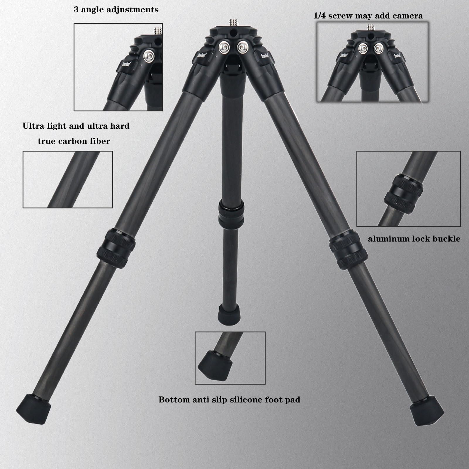 Mini treppiede da viaggio da tavolo in fibra di carbonio con 3 modelli | per insta360 insta 360 x5 x4 x3 per DJI Action 6 5 4 3 2 fotocamera, giunto cardanico, microfono, luce LED (nero)