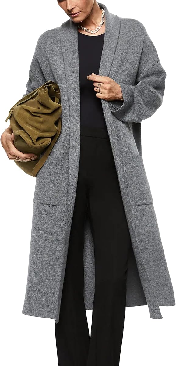 Womens Long Sleeve Maxi Cardigan Open Front Oversized Knitted Sweater Coat Casual Lapel Warm Overcoat with Pockets