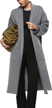 Womens Long Sleeve Maxi Cardigan Open Front Oversized Knitted Sweater Coat Casual Lapel Warm Overcoat with Pockets