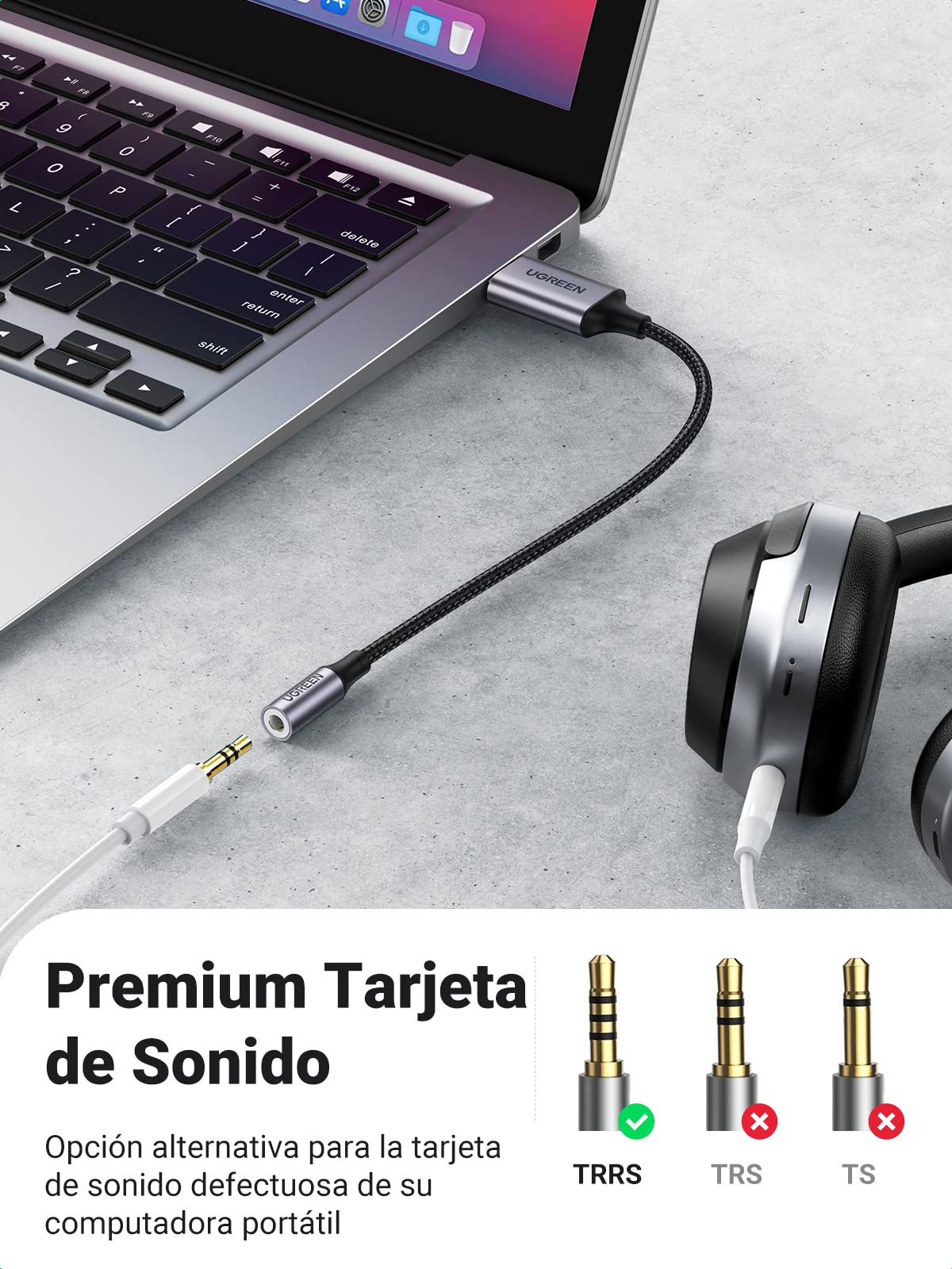 UGREEN Adaptador de Audio USB a Jack 3,5 mm Tarjeta de Sonido Externa Soporta 24bit 96KHz para Auriculares y Micrófono Compatible con PC Macbook Switch PS4/5 25CM