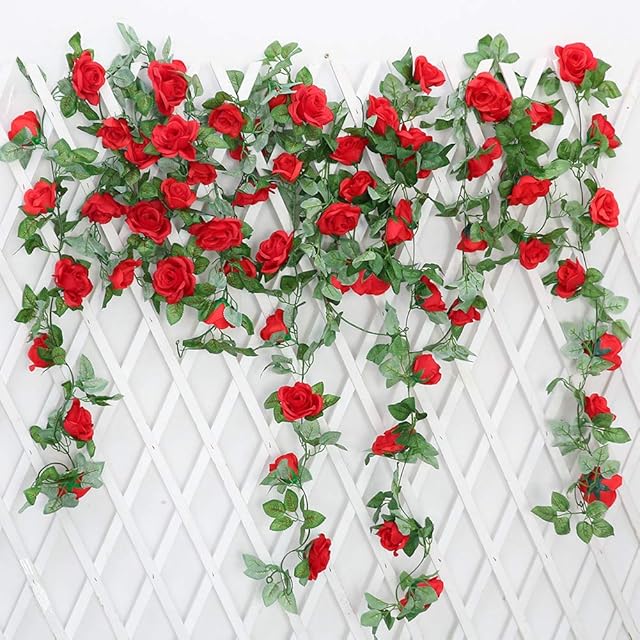 JUSTOYOU 2 Pack 7.2ft Artificial Fake Rose Garland Vines Hanging Silk Flowers for Outdoor Indoor Wedding Wall Badroom Decoration (Red)