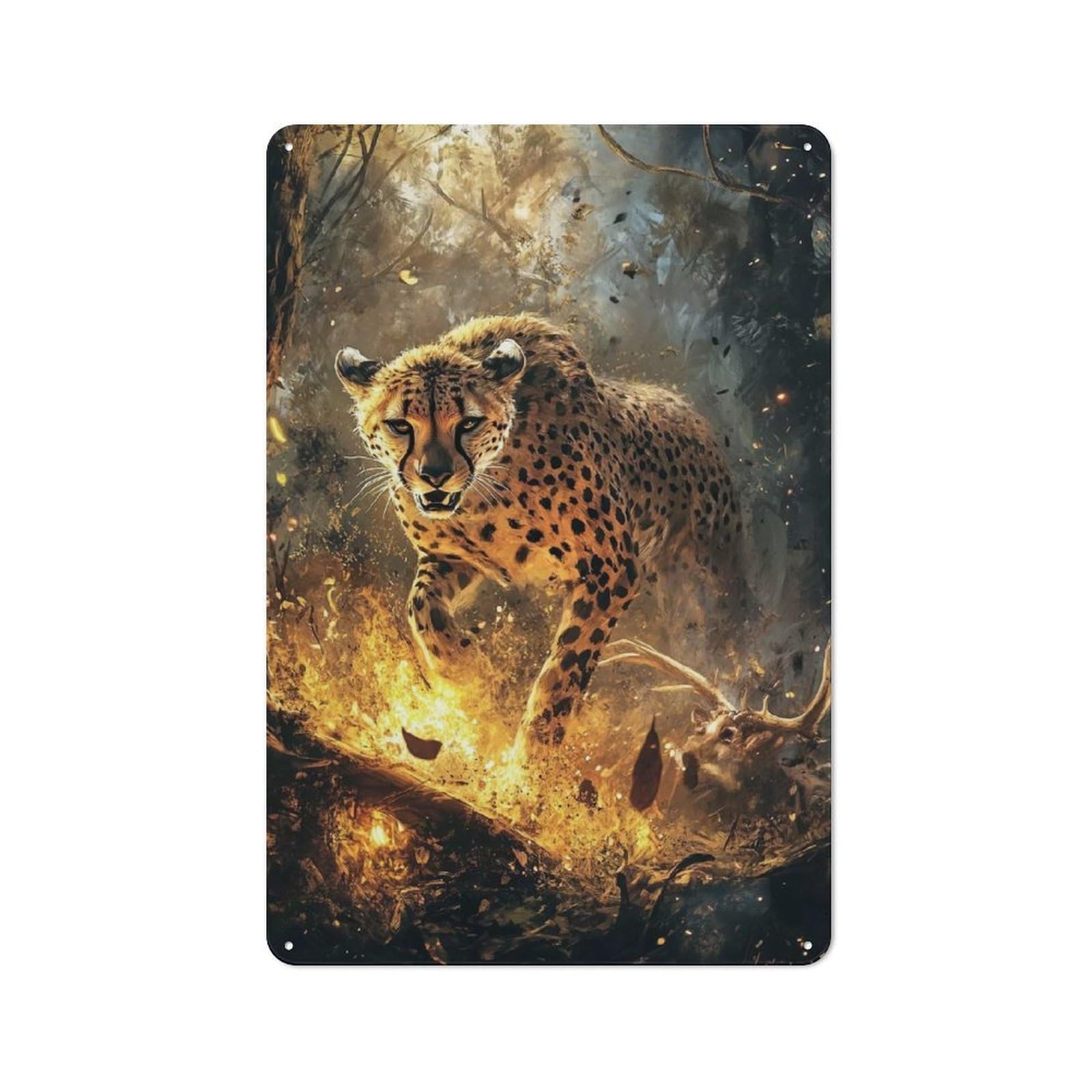 Junmoney Cheetah In Flames Rustic Tin Sign 30X20cm For Café Or Restaurant, For Café Owners And Decorators, For Retro Home Interiors